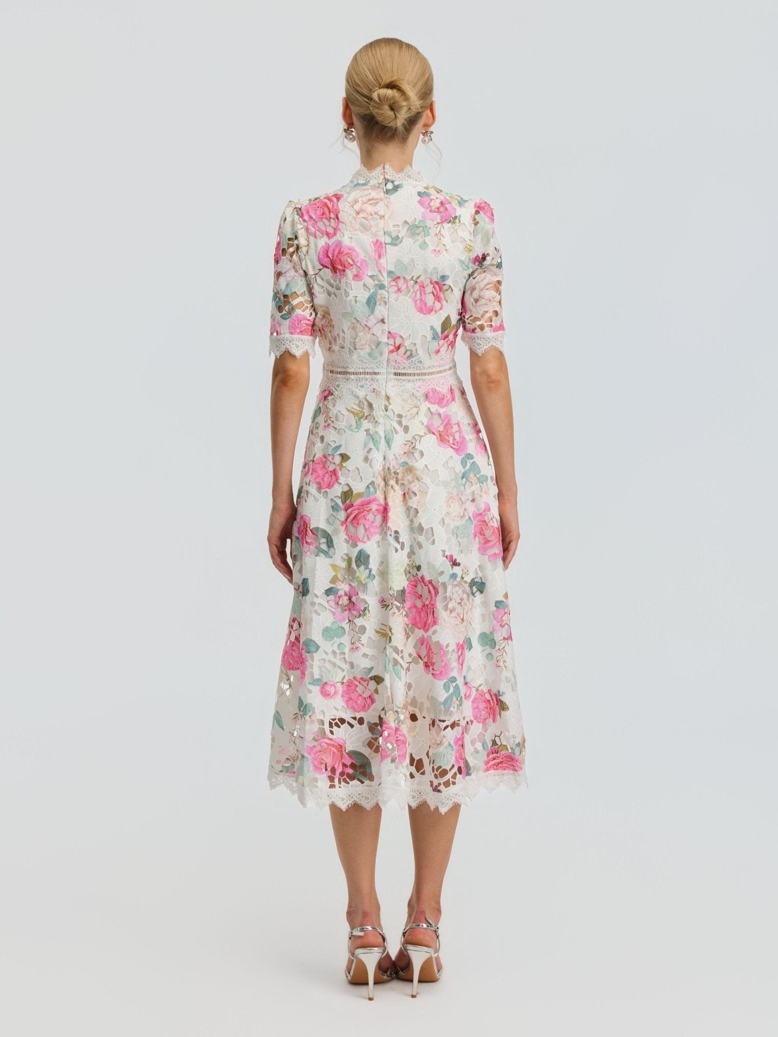 Rose Print Cutwork Lace Dress - Social Queen
