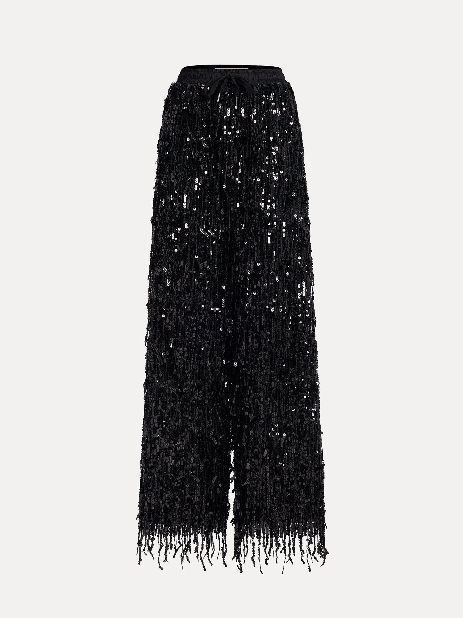 Social Queen's Sequin Fringe Wide-Leg Pants feature a black high-waist design with dense sequins, a drawstring waist, and fringe at the hem, shown against a plain background.