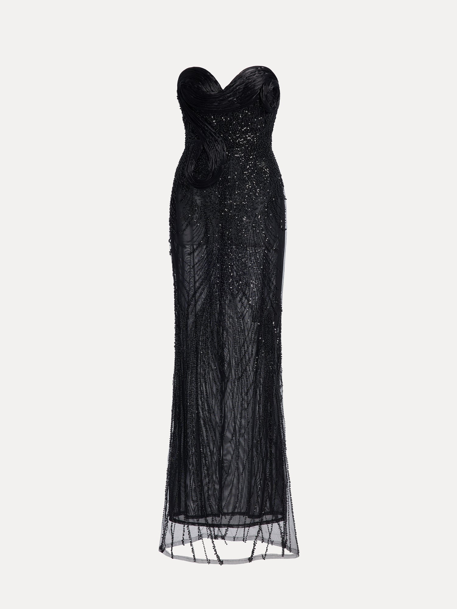 The Sequin & Hand-Beaded 3D Pleated Tulle Gown by Social Queen features a strapless black design with a heart neckline, sheer overlay, intricate hand-sewn sequins, and a floor-length silhouette.