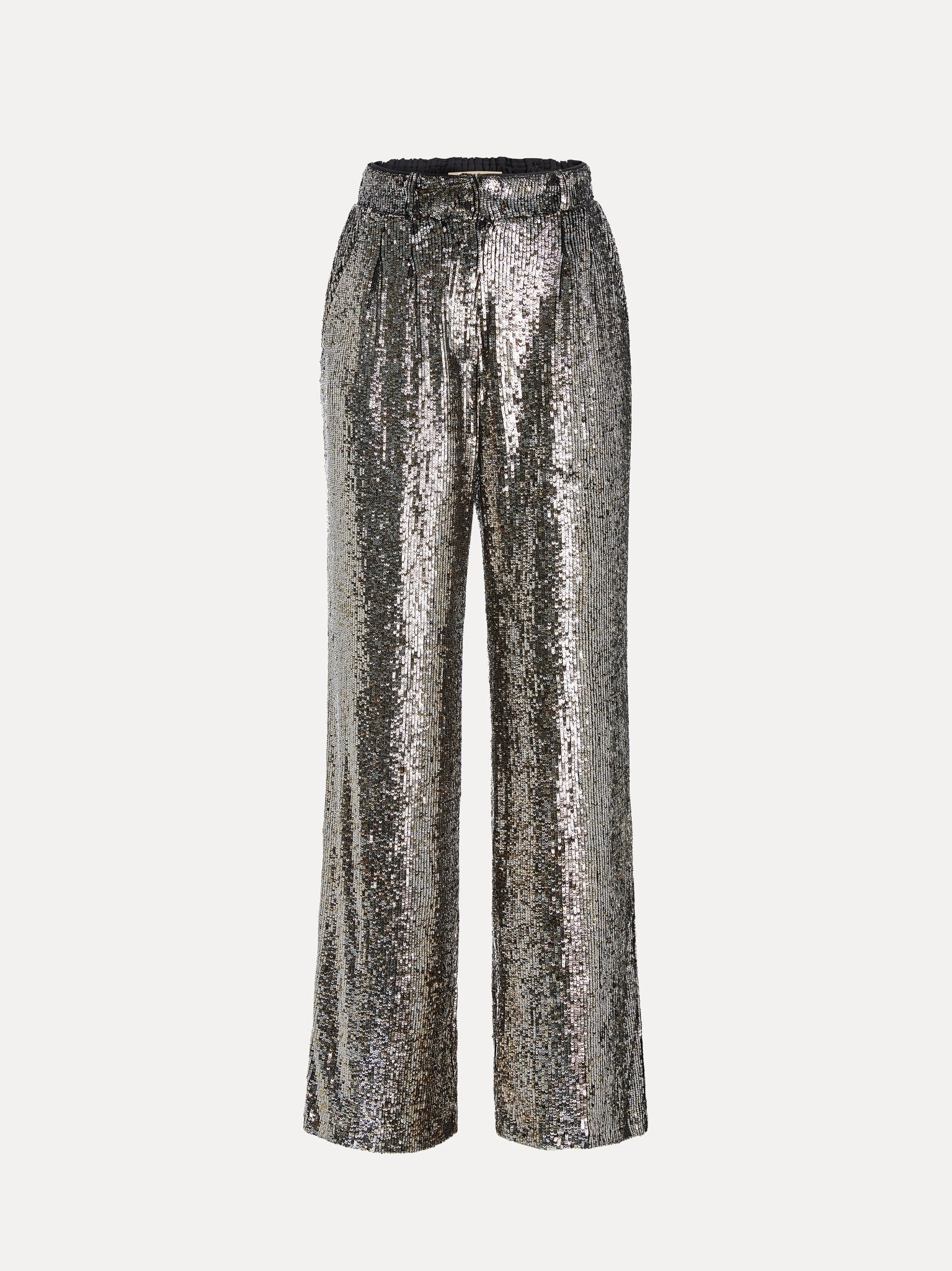The Social Queen Sequin High-Waist Wide-Leg Pants feature side pockets and a shimmering silver finish, shown against a plain white background.