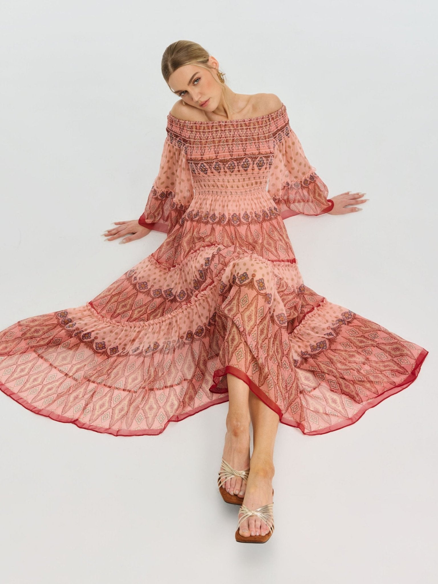 Smocked Off-Shoulder Silk Dress - Social Queen