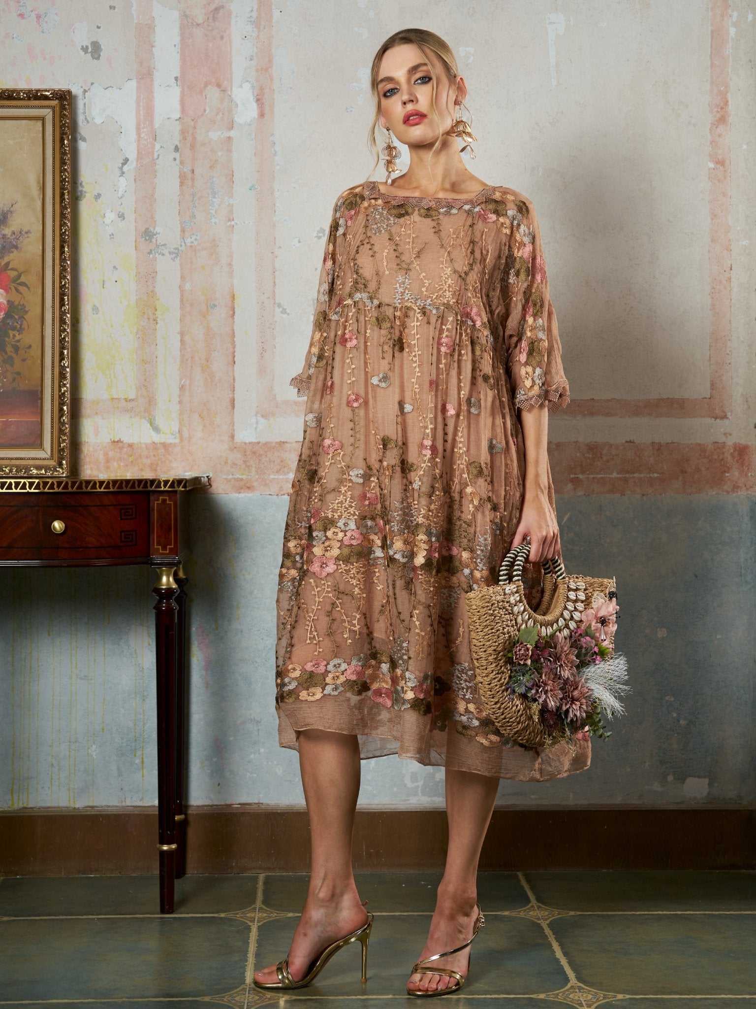 Square-Neck Embroidered Silk Dress