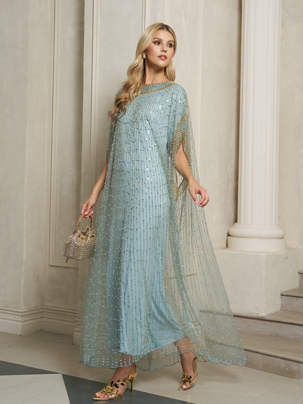 Vertical Beaded Double-Layer Caftan Dress Black / OS