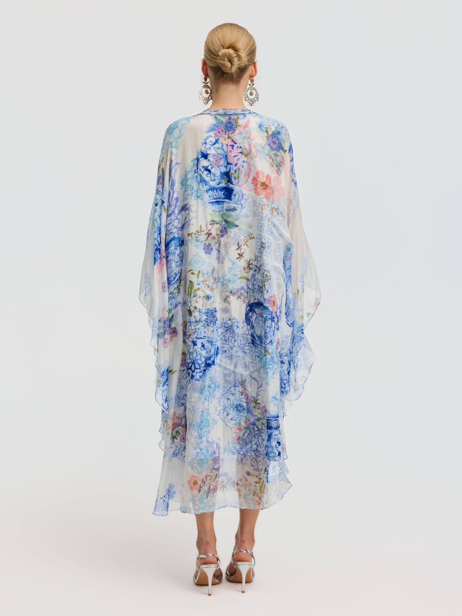 Watercolor Print Mulberry Silk Cape Dress - Social Queen