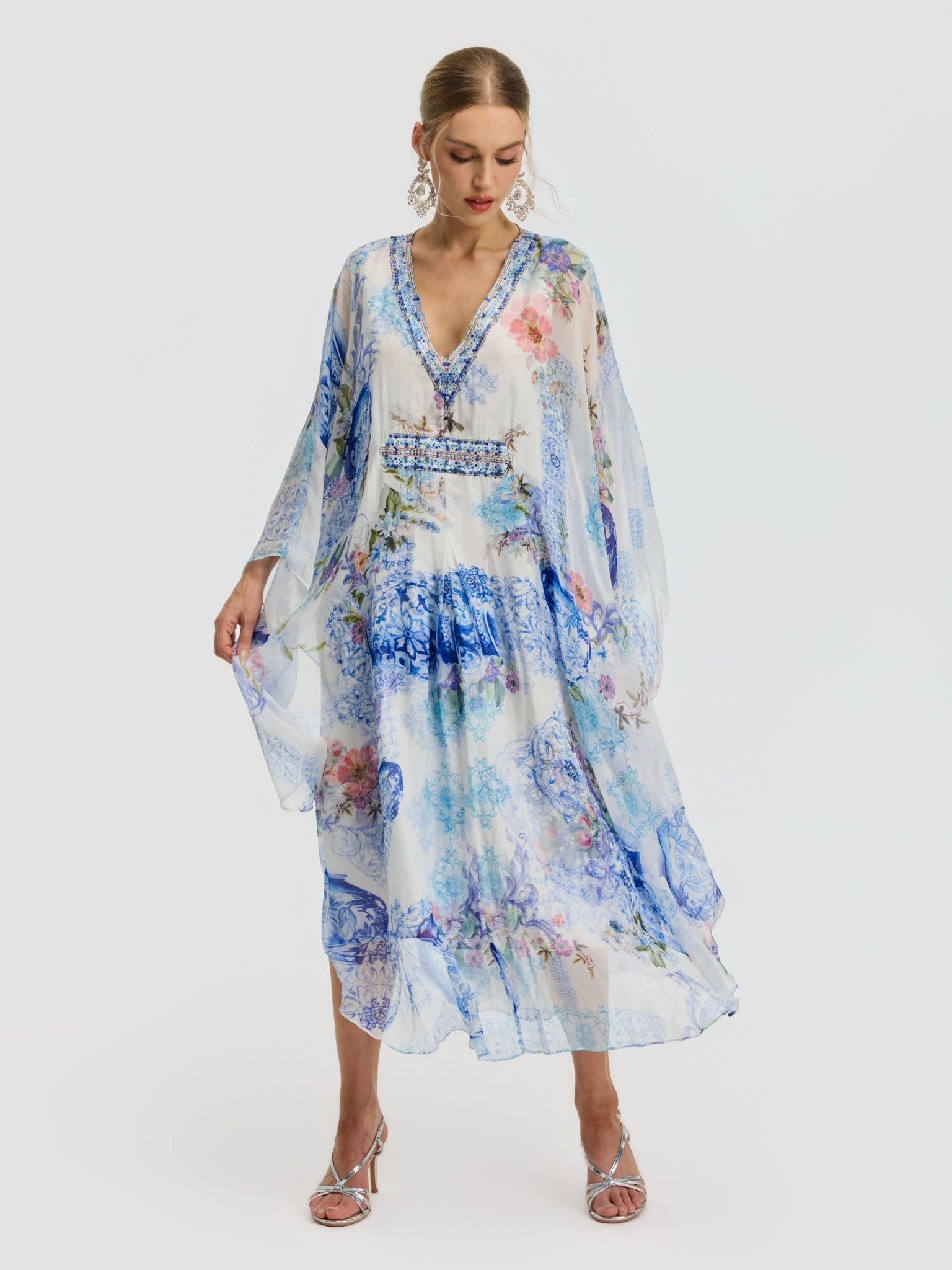 Watercolor Print Mulberry Silk Cape Dress - Social Queen