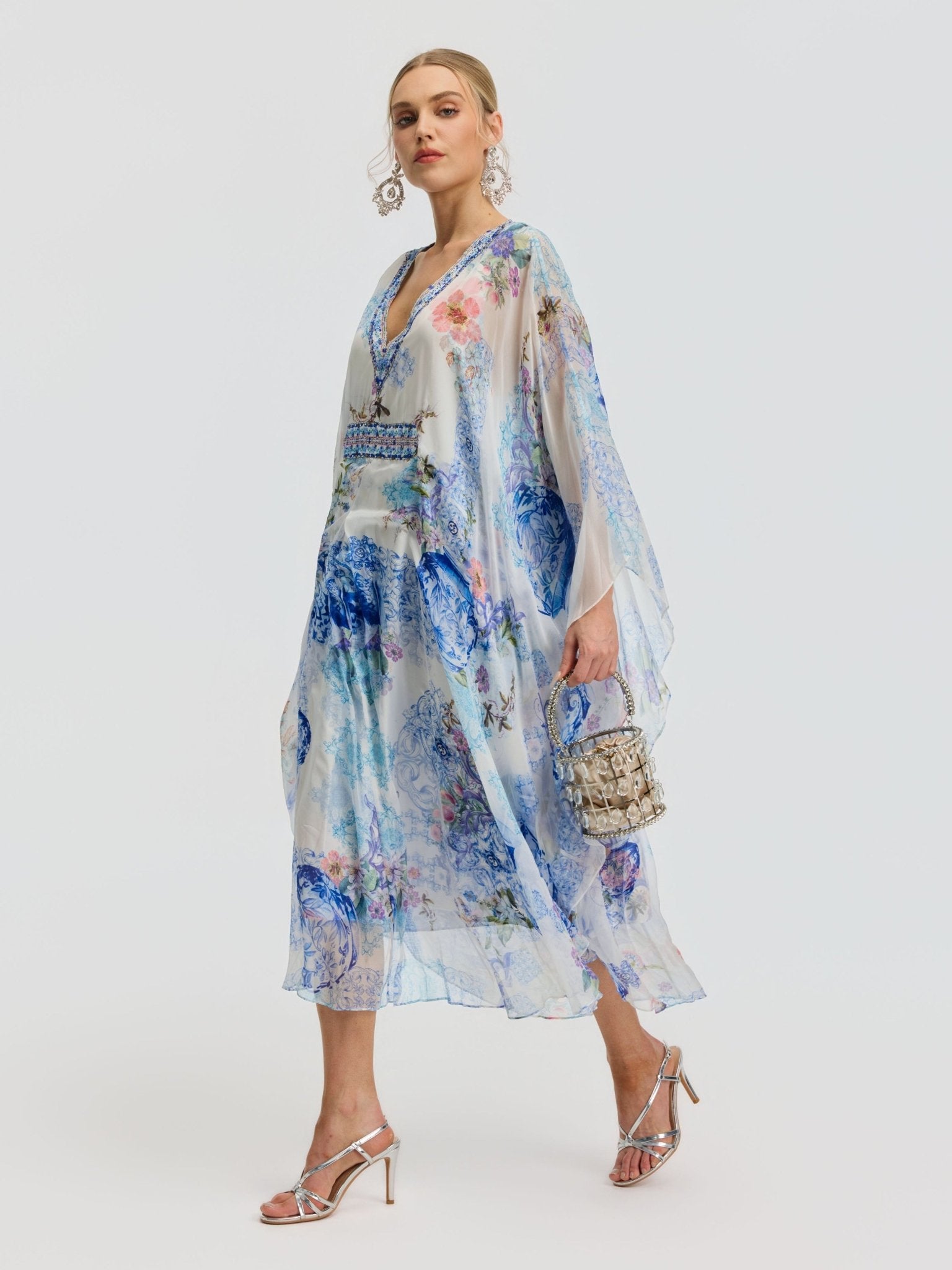 Watercolor Print Mulberry Silk Cape Dress - Social Queen