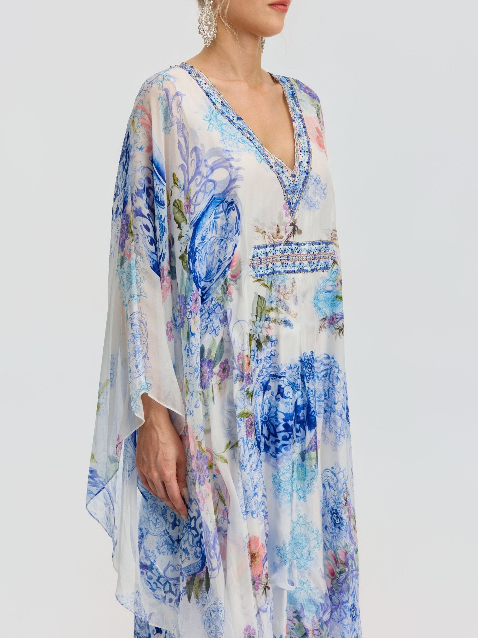 Watercolor Print Mulberry Silk Cape Dress - Social Queen
