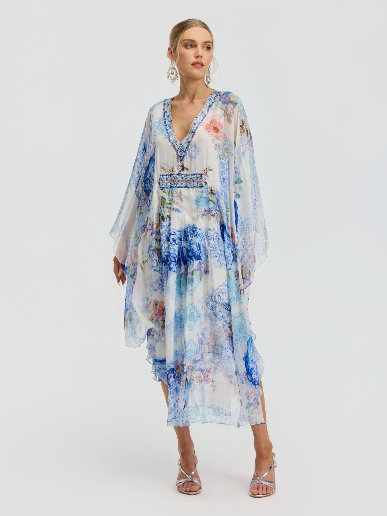Watercolor Print Mulberry Silk Cape Dress - Social Queen