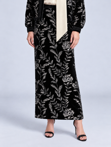 Social Queen Sequin Embroidered Velvet midi skirt in black silk velvet with silver sequin floral embroidery.