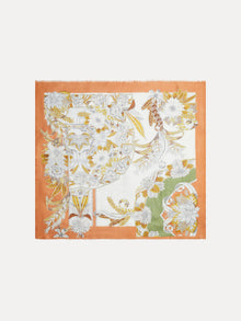 The Social Queen 100% Cashmere Floral Scarf has a vintage-inspired floral pattern in white, yellow, and green with an orange border, shown flat on a white background.