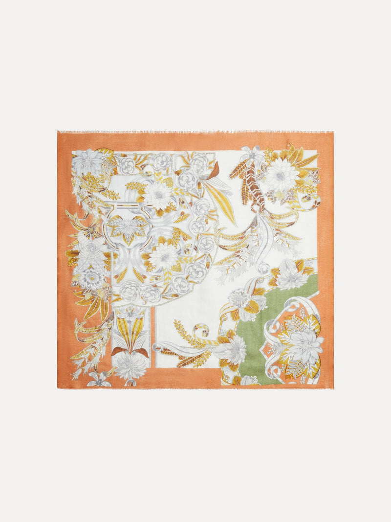 The Social Queen 100% Cashmere Floral Scarf has a vintage-inspired floral pattern in white, yellow, and green with an orange border, shown flat on a white background.