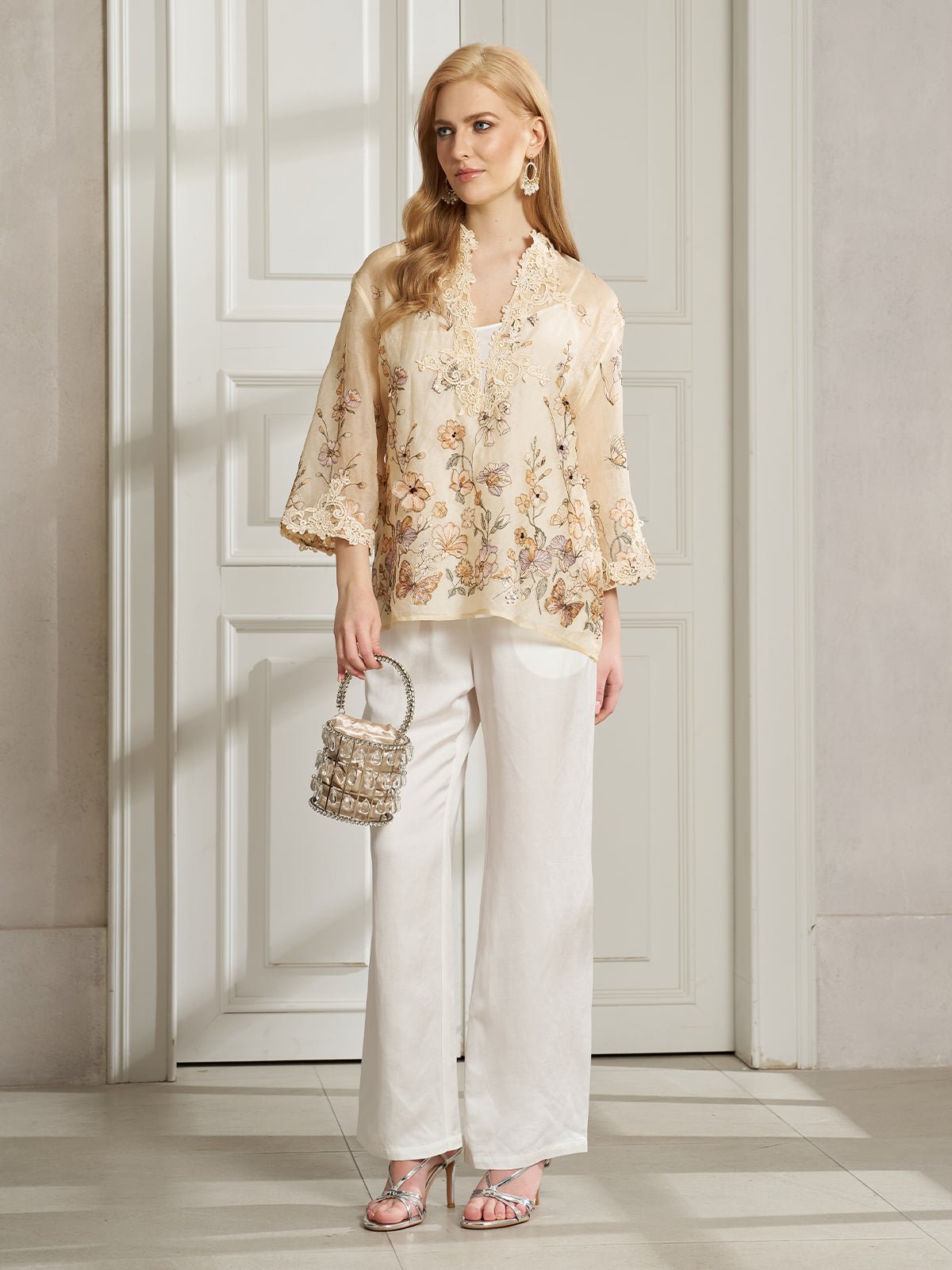 100% Silk Embroidered Corded - Lace Blouse - Social Queen