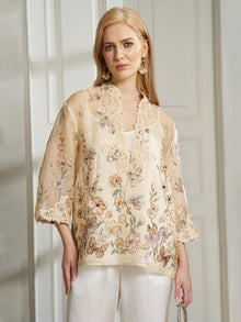 100% Silk Embroidered Corded - Lace Blouse - Social Queen