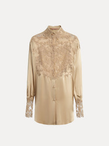 The Social Queen 100% Silk Embroidered Lace Satin Blouse features a satin finish, hand-embroidered lace on the chest, collar, and cuffs, plus a front button closure.