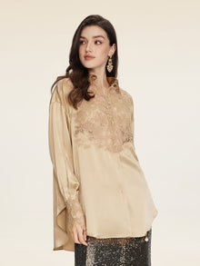 A woman models the Social Queen 100% Silk Embroidered Lace Satin Blouse in beige, paired with a dark sequined skirt, standing against a plain light background.