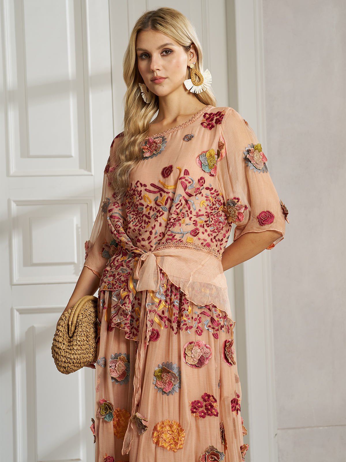100% Silk Floral Embroidered Top - Social Queen