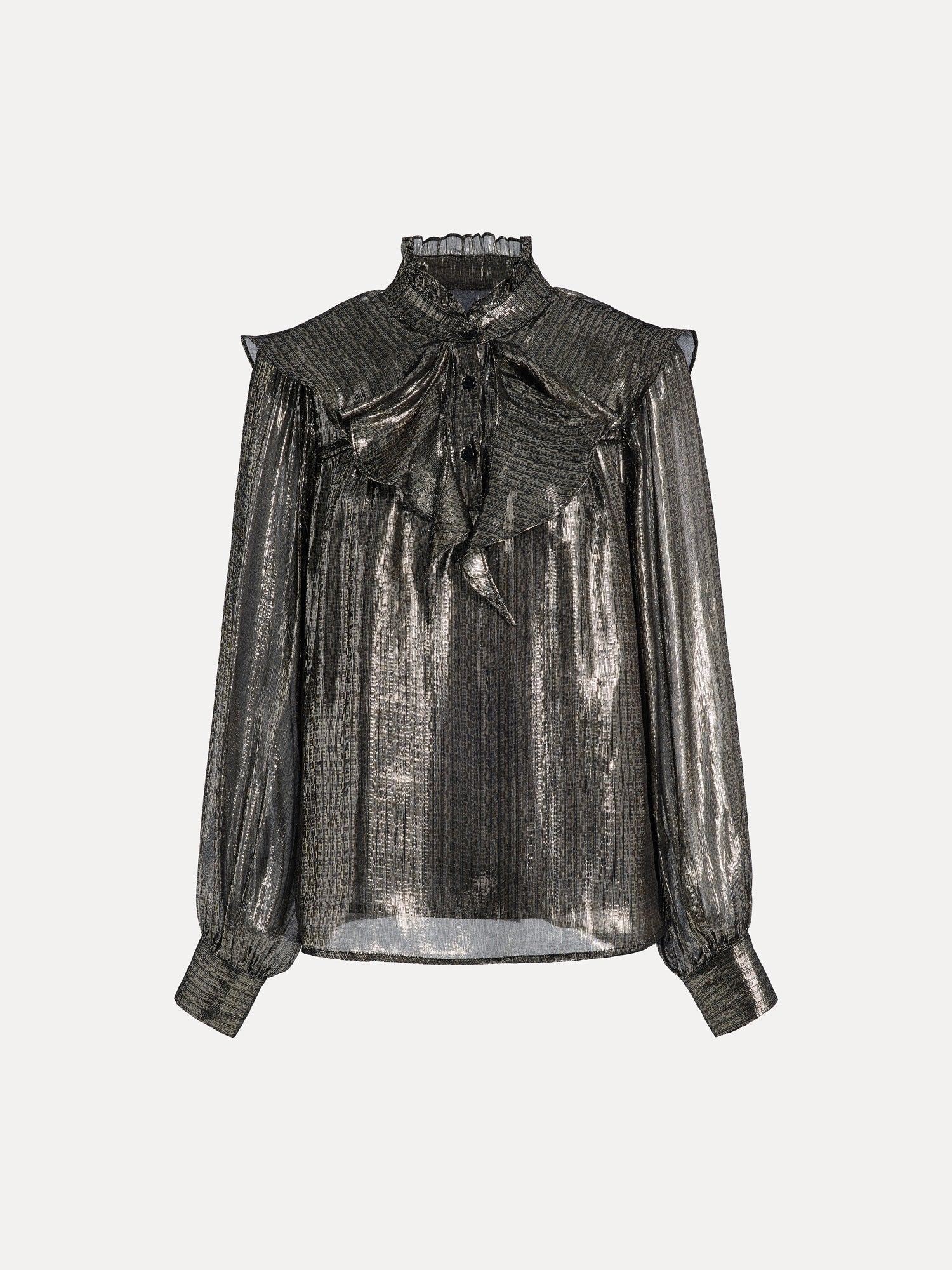 Social Queen's 100% Silk Luminous Metallic Ruffle Blouse features a ruffle neckline, high ruffled collar, front tie, and pleated ruffle detail across the chest, shown against a plain background.