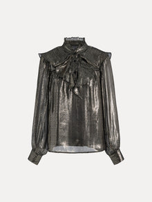 Social Queen's 100% Silk Luminous Metallic Ruffle Blouse features a ruffle neckline, high ruffled collar, front tie, and pleated ruffle detail across the chest, shown against a plain background.