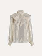 The Social Queen 100% Silk Luminous Metallic Ruffle Blouse features long sleeves, puff shoulders, a ruffled neckline and collar, plus button details on the front.