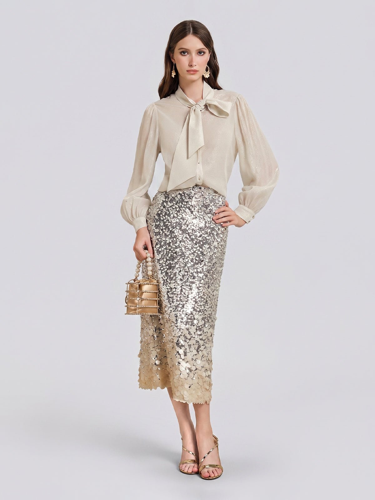 100% Silk Metallic Ribbon-Tie Blouse - Social Queen