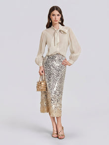 100% Silk Metallic Ribbon-Tie Blouse - Social Queen