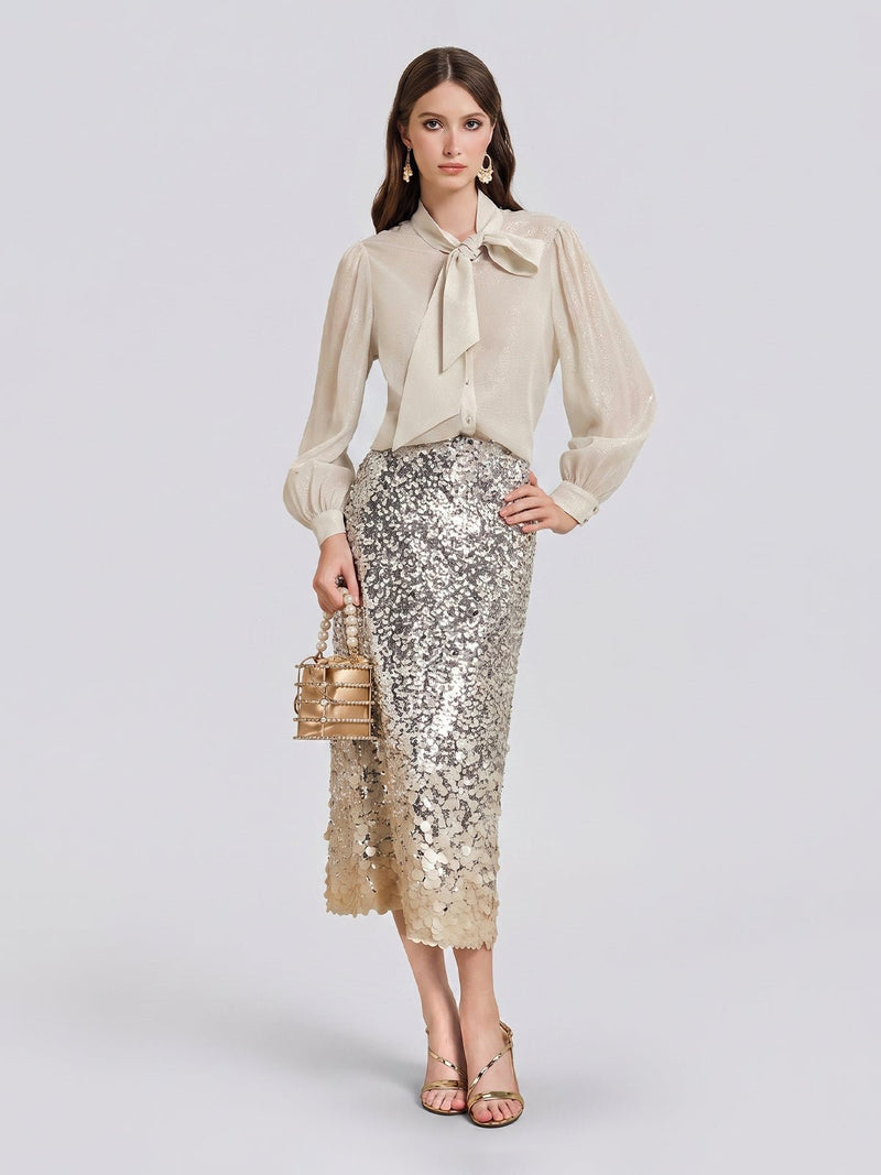100% Silk Metallic Ribbon-Tie Blouse - Social Queen