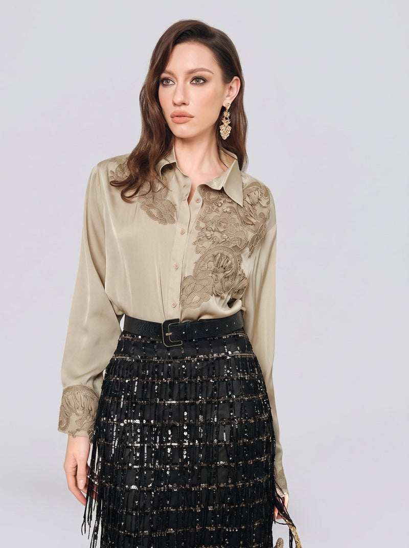 100% Silk Retro Floral Appliqué Satin Blouse - Social Queen