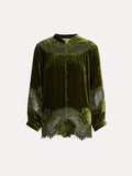 Social Queen's 100% Silk Velvet Lace-Panel Blouse features an olive green hue, long sleeves, hand-stitched lace panels, and fabric-covered front buttons for a vintage-inspired look.