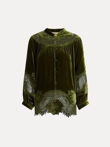 Social Queen's 100% Silk Velvet Lace-Panel Blouse features an olive green hue, long sleeves, hand-stitched lace panels, and fabric-covered front buttons for a vintage-inspired look.