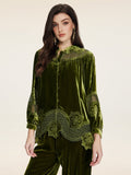 A woman models the Social Queen 100% Silk Velvet Lace-Panel Blouse in olive green, paired with matching pants, set against a plain light background.