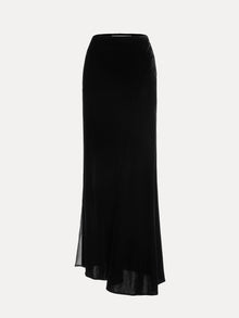 The Social Queen 100% Silk Velvet & Tulle Mermaid Skirt is a black, high-waisted fishtail skirt with vintage-inspired elegance and a slight flare, shown on a plain white background.
