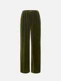 The Social Queen 100% Silk Velvet Wide-Leg Pants feature a vintage-inspired high-waisted design in olive green with an elastic waistband, shown against a plain white background.