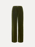 The Social Queen 100% Silk Velvet Wide-Leg Pants feature a vintage-inspired high-waisted design in olive green with an elastic waistband, shown against a plain white background.