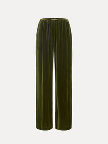 The Social Queen 100% Silk Velvet Wide-Leg Pants feature a vintage-inspired high-waisted design in olive green with an elastic waistband, shown against a plain white background.