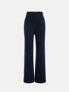 Social Queen's 100% Wool Knit Elastic Trousers feature a navy blue, high-waisted design with a straight-leg silhouette, shown on a plain white background.