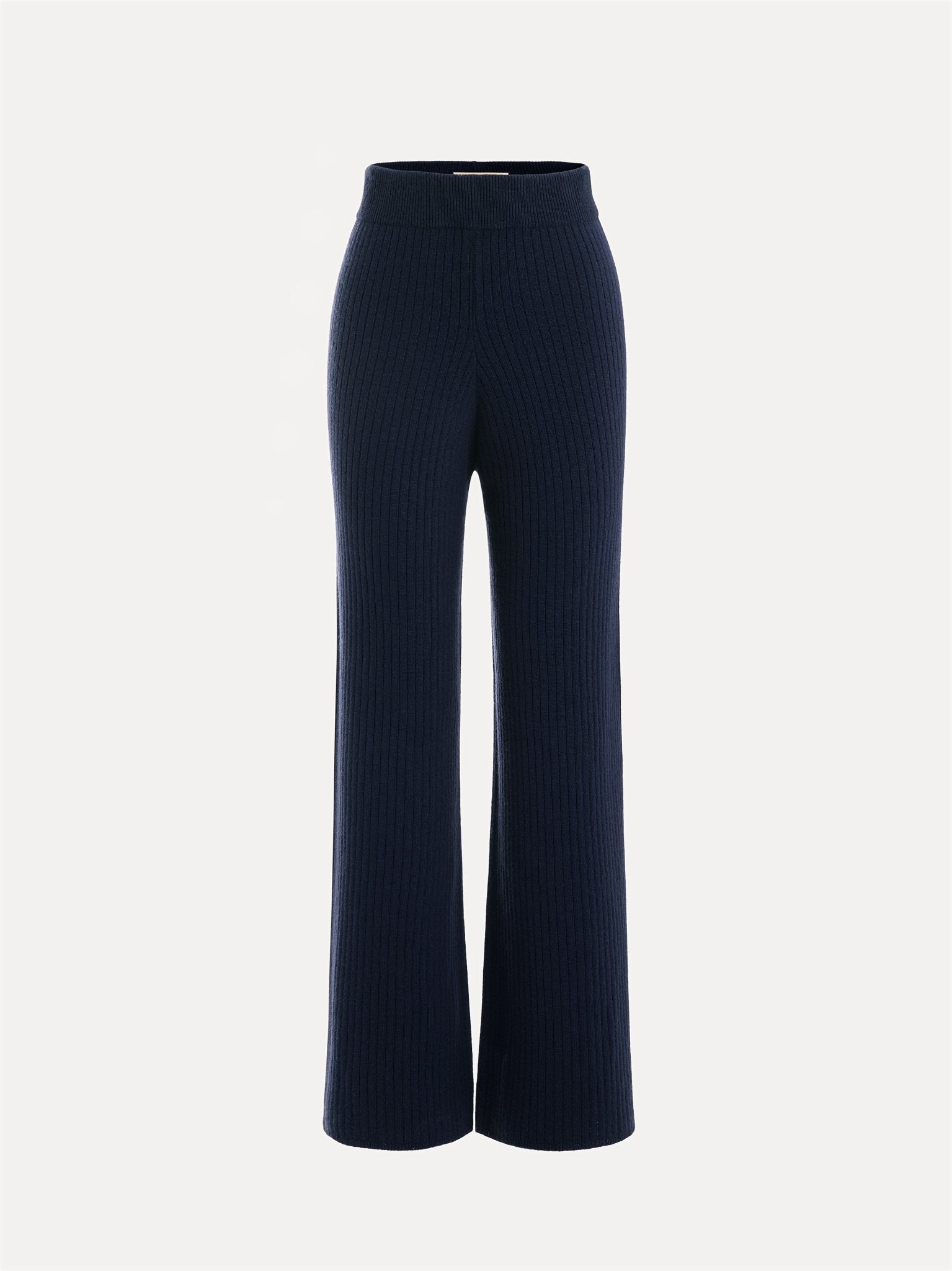 Social Queen's 100% Wool Knit Elastic Trousers feature a navy blue, high-waisted design with a straight-leg silhouette, shown on a plain white background.