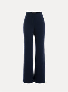 Social Queen's 100% Wool Knit Elastic Trousers feature a navy blue, high-waisted design with a straight-leg silhouette, shown on a plain white background.