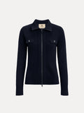 The Social Queen 100% Wool Knit Jacket is navy blue with a ribbed knit, hand-optimized zippers, two chest pockets with button flaps, a collar, and long sleeves, shown on a white background.
