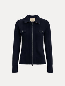 The Social Queen 100% Wool Knit Jacket is navy blue with a ribbed knit, hand-optimized zippers, two chest pockets with button flaps, a collar, and long sleeves, shown on a white background.