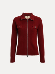 The Social Queen 100% Wool Knit Jacket is a red, ribbed long-sleeve zip-up with a collar and two buttoned chest pockets, featuring hand-optimized zippers, shown on a plain white background.