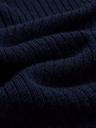 Close-up of dark navy blue ribbed knit fabric with a soft texture from Social Queen’s 100% Wool Knit Jacket. Ideal for warmth and style.