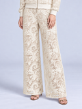 Social Queen Paisley Embroidered Lace Wide-Leg Pants in cream, featuring an intricate paisley pattern with cutout detailing, paired with metallic heeled sandals.