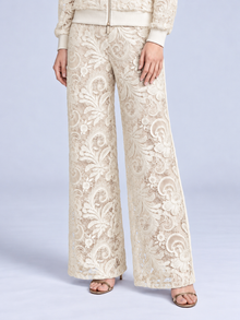 Social Queen Paisley Embroidered Lace Wide-Leg Pants in cream, featuring an intricate paisley pattern with cutout detailing, paired with metallic heeled sandals.