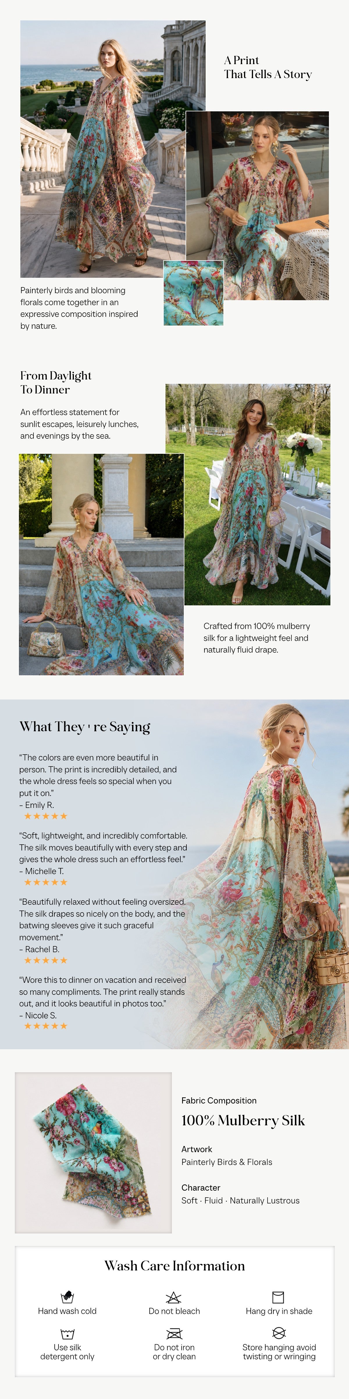 Floral Bird Silk Caftan Dress