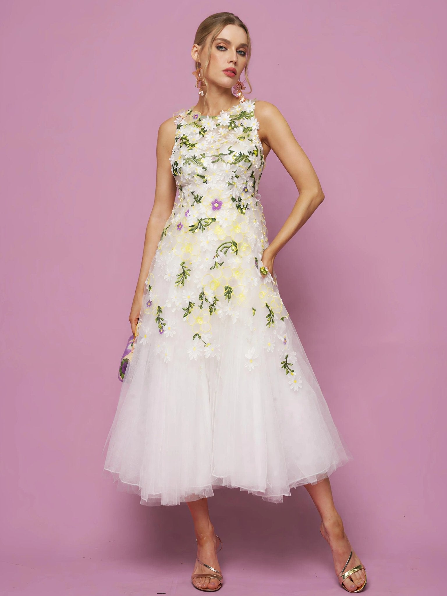 3D Daisy Embroidered Tulle Dress