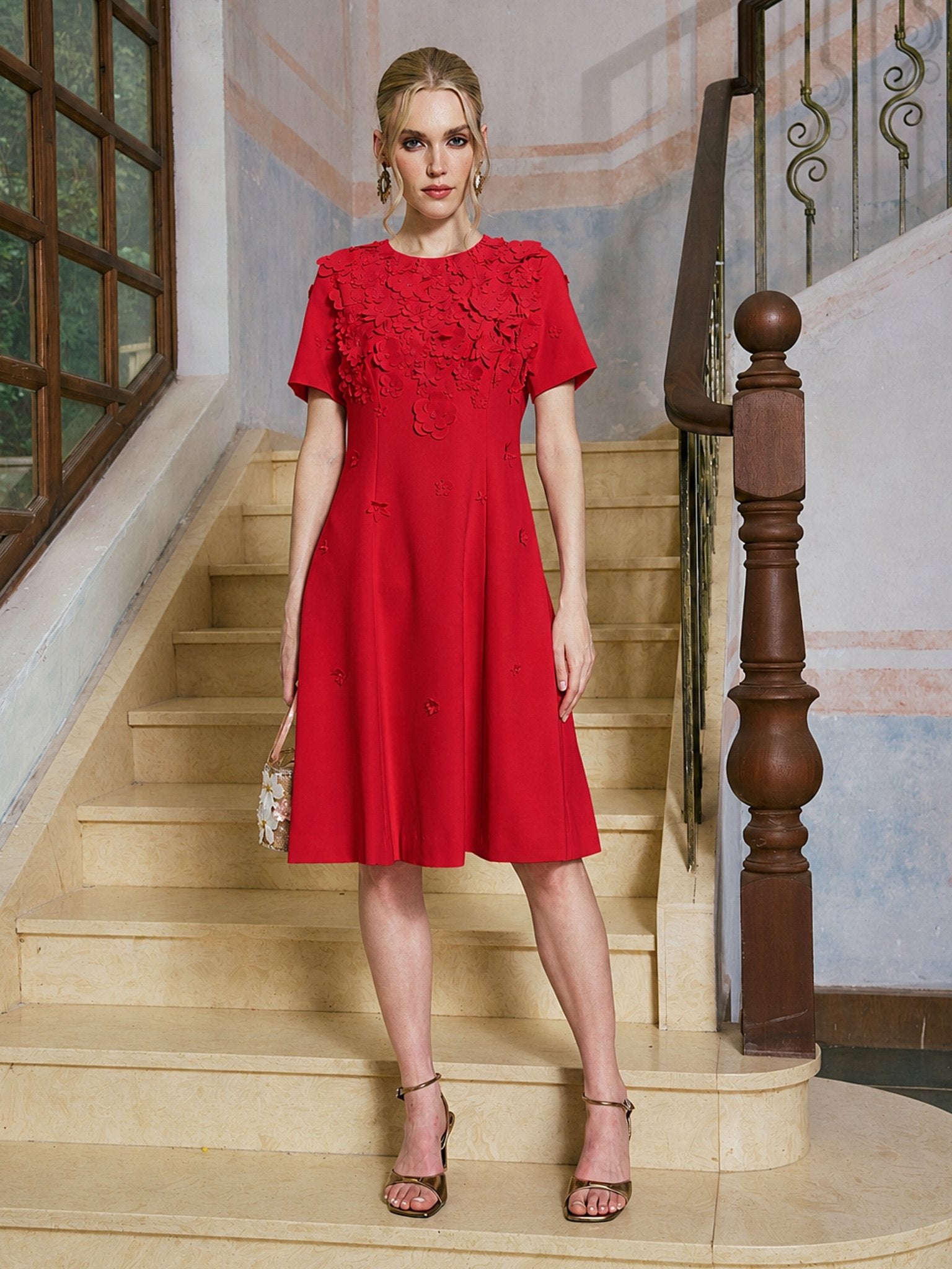 3D Floral Appliqué A-Line Dress - Social Queen