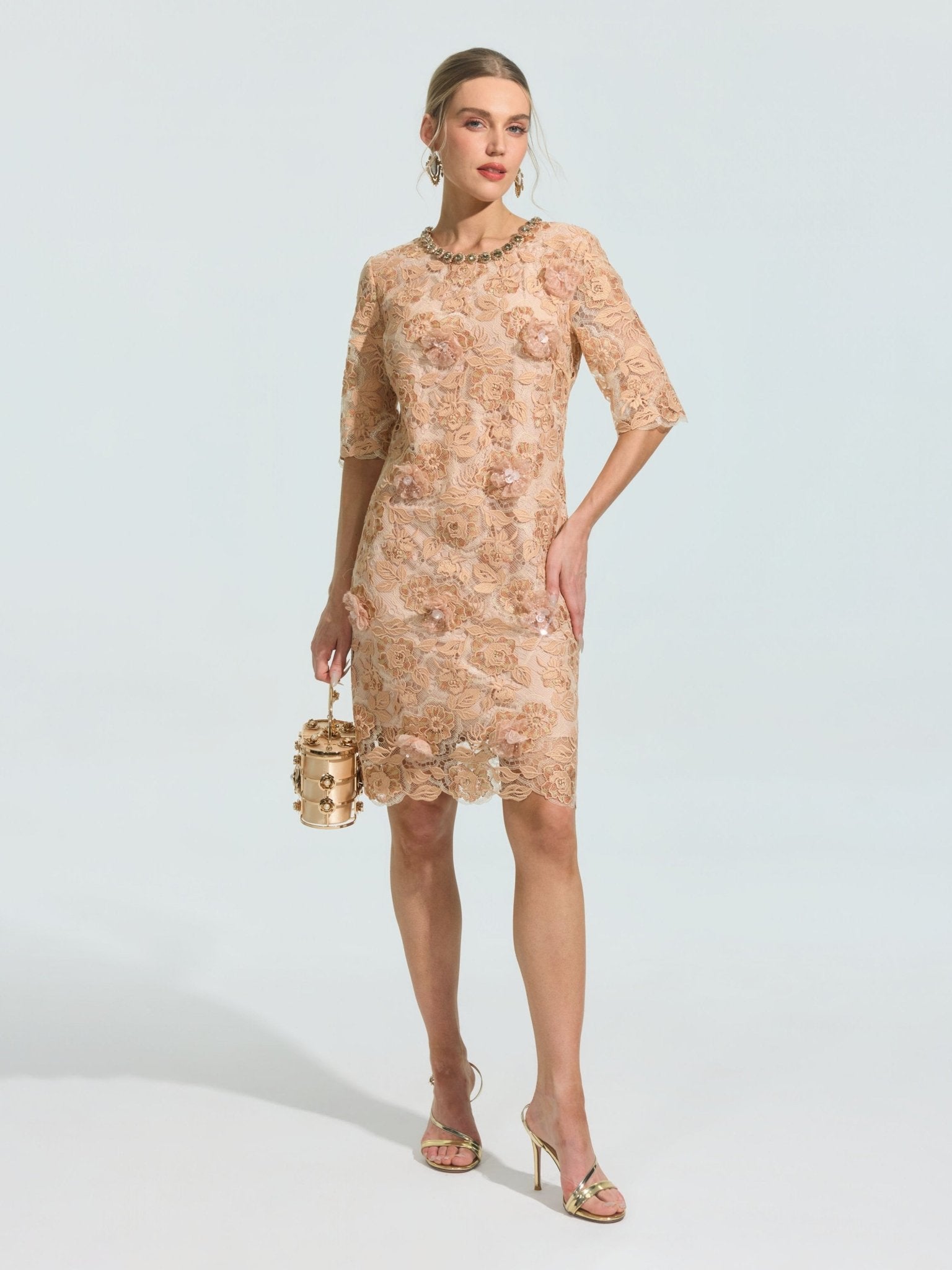 3D Floral Appliqué Lace Shift Dress - Social Queen