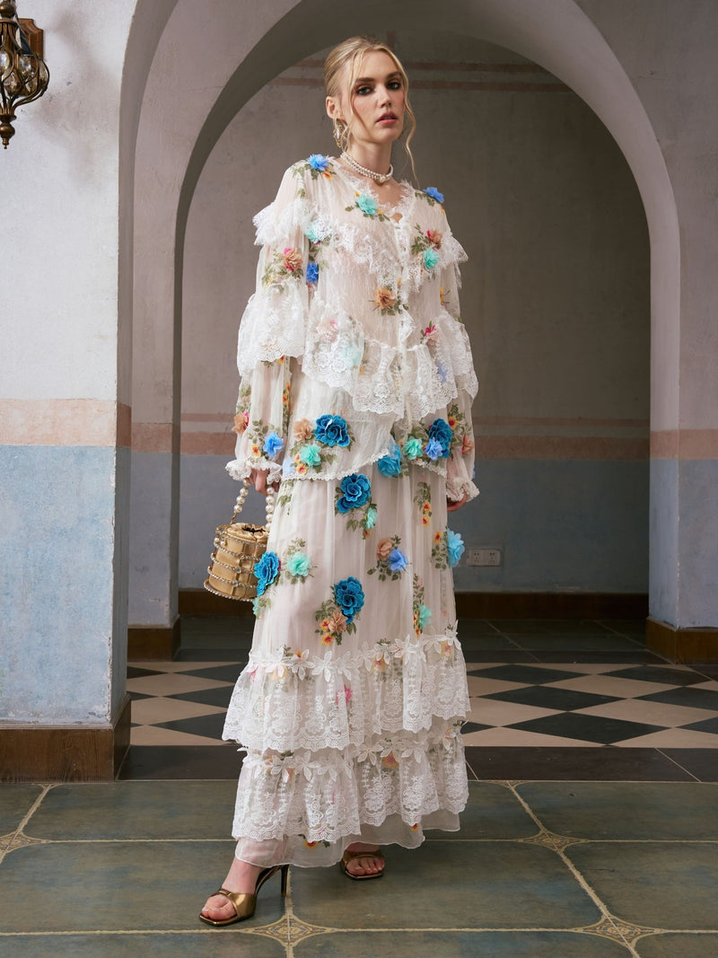 3D Floral Appliqué Mulberry Silk Blouse - Social Queen