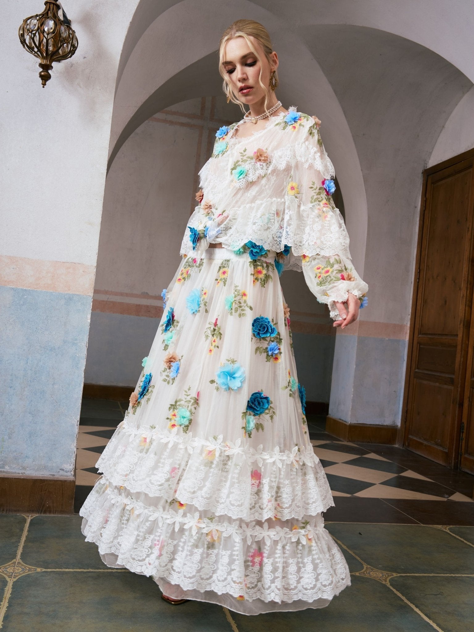 3D Floral Appliqué Mulberry Silk Skirt - Social Queen