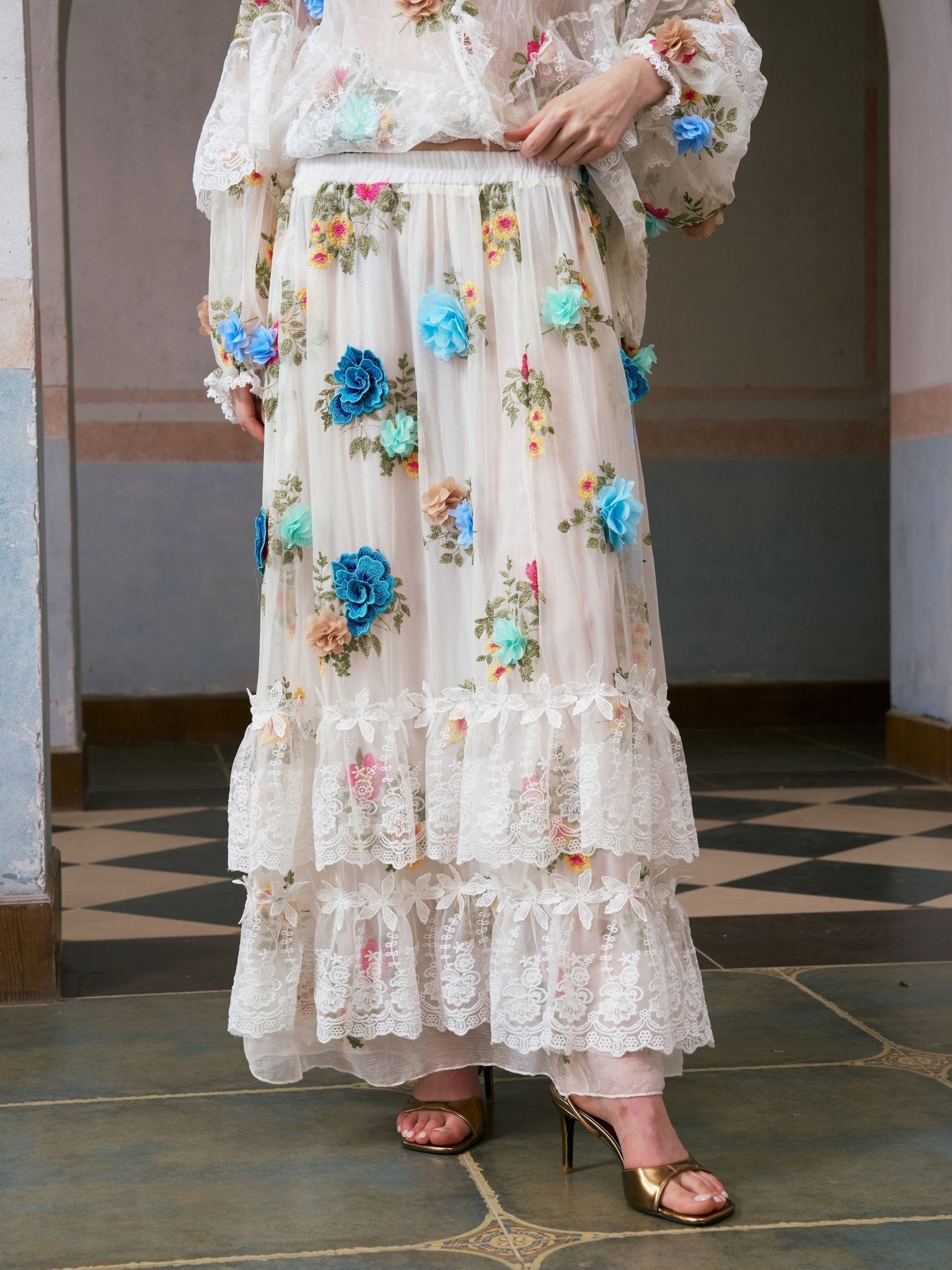 3D Floral Appliqué Mulberry Silk Skirt - Social Queen